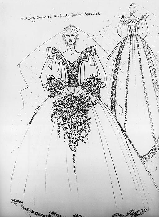 Prinzessin-Diana-Hochzeitskleid-Skizze