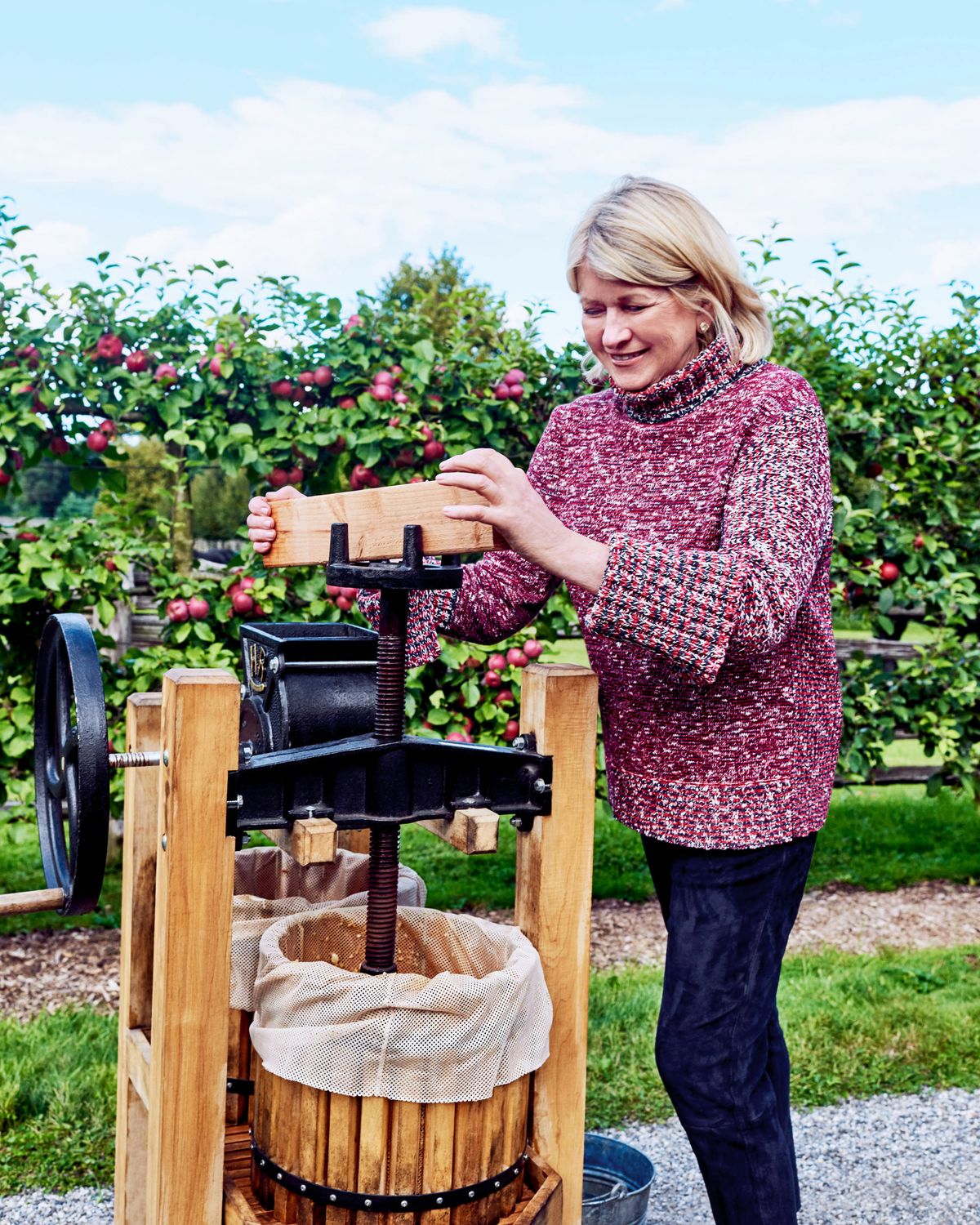 Martha Sewart stisne jabolka v sod za jabolčni mošt